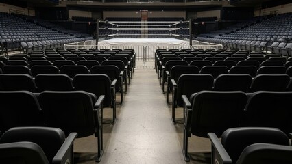 Naklejka premium Empty arena with rows of black seats face a wrestling ring No people are present