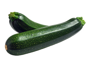 Two fresh, dark green zucchini vegetables with bumpy skin, isolated against a black backdrop