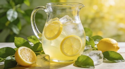 High quality creative stock image of glass pitcher with freshly squeezed lemonade and lemon slices,