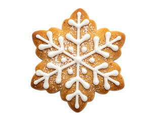 A festive, snowflake-shaped gingerbread cookie with intricate white icing on a black background