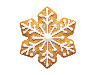 A close-up of a gingerbread cookie shaped as a snowflake on a black background