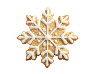 Close-up of a festive, intricately decorated snowflake-shaped cookie with icing