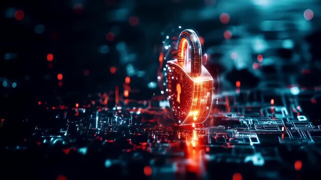 Firewall protection. Internet cyber security. Hightech. Technology. Encryption and decryption. A digital artwork depicting a glowing padlock on a digital circuit board.