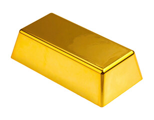 A close-up studio shot of a solid, gleaming, gold ingot, with slightly rounded edges