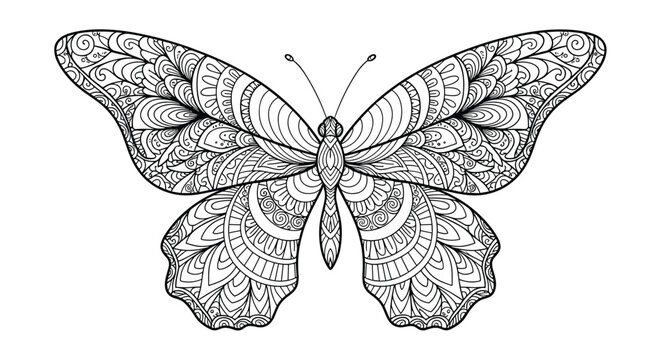 Intricately detailed butterfly illustration with zentangle patterns, perfect for an adult coloring book page or decorative design element.