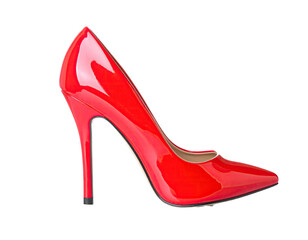 A vibrant red, shiny, pointed-toe high heel isolated against a stark black background