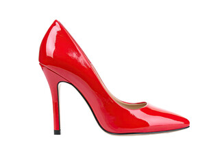 A vibrant, glossy, red stiletto heel shoe on a clean black background. Elegant and chic