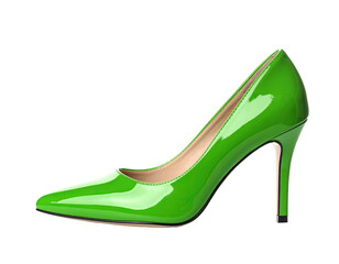 A vibrant, glossy green high heel, poised elegantly against a black background