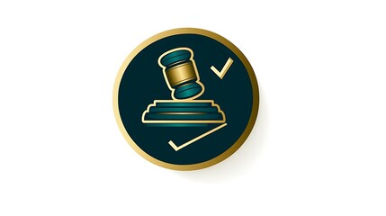 Golden gavel icon with checkmarks on dark blue background