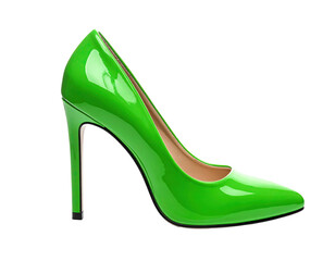 A vibrant, glossy, neon-green stiletto heel shoe isolated against a stark black background