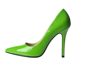 A vibrant, glossy, neon-green pump isolated on a stark black background