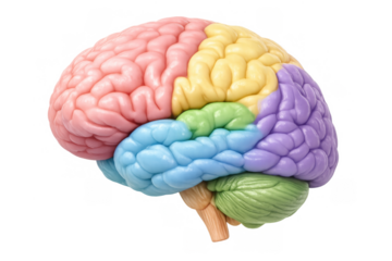 Human brain model showing colored lobes and cerebellum. Representing intelligence, thinking, learning, and mental health concepts