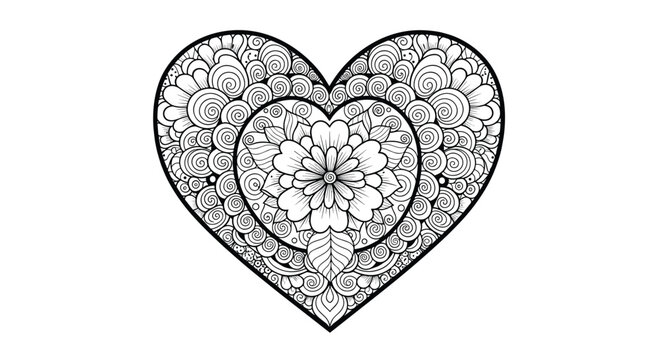 Beautifully detailed heart illustration filled with intricate zentangle and floral patterns, ideal for an adult coloring book page.