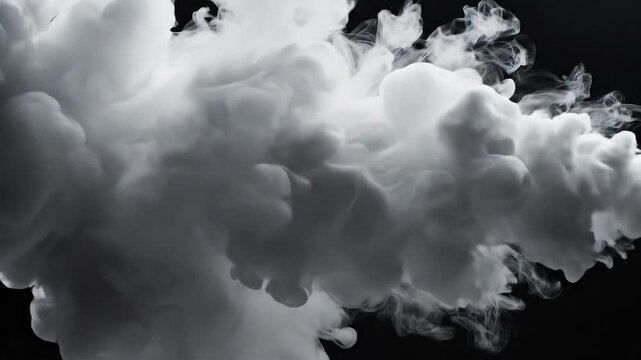 A massive plume of dense gray smoke expands quickly, captured abstractly against a dark, isolated background.