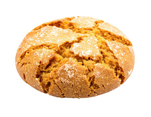 A single, round, golden-brown baked item with cracked surface and dusting of white powder