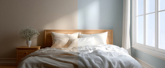 Minimalist bedroom with wooden bed frame and white bedding split between warm and cool lighting tones