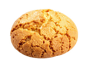 Close-up of a single, golden-brown, round baked confection with textured, cracked surface