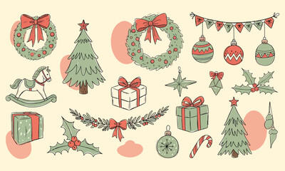 Retro whimsical vintage new year home decor set in doodle line art print style, vintage chalk christmas set, christmas hand drawn chalk elements, vector illustration