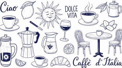 Coffee and Tea Doodle Icons Set &ndash; Hand Drawn Cafe Drinks, Cups & Accessories Illustration