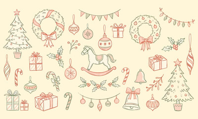 Retro whimsical vintage new year home decor set in doodle line art print style, vintage chalk christmas set, christmas hand drawn chalk elements, vector illustration