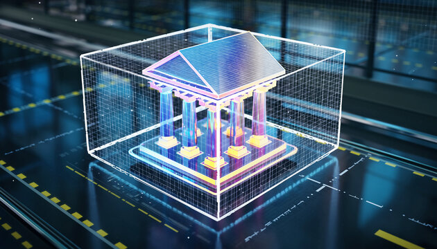 Digital Fortress: A Futuristic Bank Illuminated Within a Transparent Grid, Revealing Cutting-Edge Financial Infrastructure. - Powered by Adobe