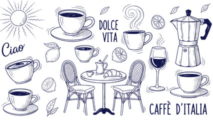 Coffee and Tea Doodle Icons Set &ndash; Hand Drawn Cafe Drinks, Cups & Accessories Illustration