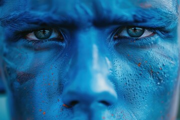 Naklejka premium Close up of a man with blue face paint, creating a striking and intense portrait