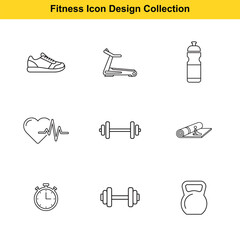 A collection of simple line art icons representing various fitness and exercise equipment and activities.