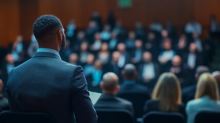 Business team participates in a seminar with a speaker addressing a large audience in an indoor setting during a conference