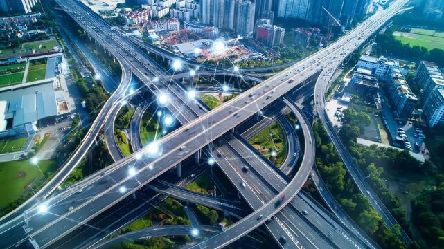Aerial view of a complex highway interchange connecting a modern city.