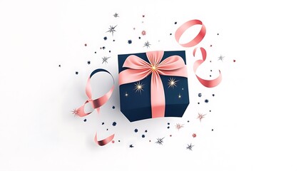 Beautifully wrapped gift box with pink ribbon and starry festive decorations