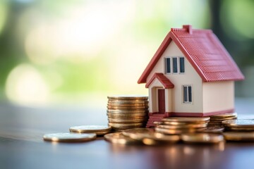 Mini house sits on coins, symbolizing property investment and passive income with a focus on financial growth and wealth accumulation strategies