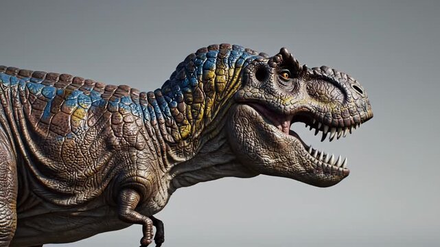 Colorful toy dinosaur head closeup.