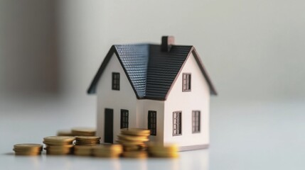Miniature house with coins on white background highlights saving money and property investment strategies using generative AI tools