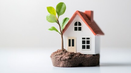 Miniature house with plant on white background showing saving money and property investment concept for future planning and growth
