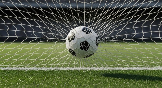 Soccer ball caught in the netting of a stadium goal on a green field, symbolizing a successful score and triumphant victory moment