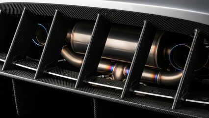Rear diffuser with exposed exhaust pipes showing heat discoloration Carbon fiber and titanium detail automotive design