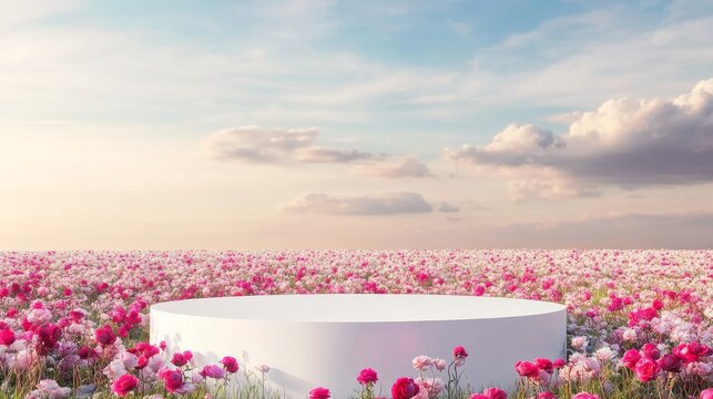 Natural beauty podium backdrop with spring rose flower field scene in a bright sky during the day and open horizon