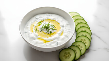A bowl of yogurt with sliced cucumbers and herbs on a marble countertop viewed from above