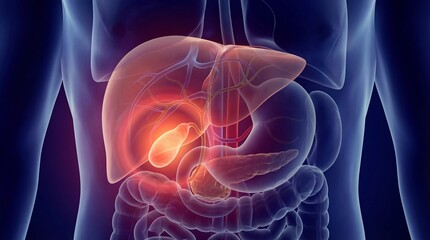 Human body anatomy highlighting liver and internal organs in a detailed medical illustration