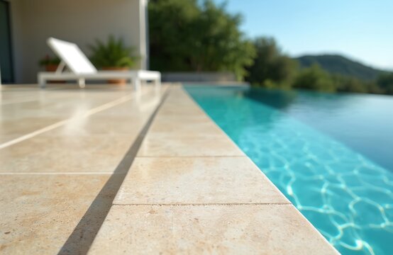 Modern villa poolside with travertine tiles and clear blue water. Sun shines on luxury house exterior, vacation terrace with lounge chair and green nature.