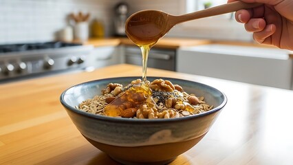 Golden Honey Drizzled Over a Nutritious Bowl of Oatmeal for a Healthy Morning Breakfast