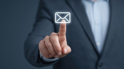Modern Office Interaction with Touching Digital Email Icon in Professional Environment for Business Communication and Technology Concept