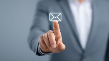 Modern Office Setting with Professional Male Touching Glowing Digital Email Icon in Business Attire with Gray Background