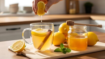 Squeezing fresh lemon into a warm drink with honey and cinnamon for a natural healthy remedy