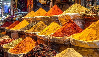 Close-up of colorful piles of spices in large open sacks displayed in a market setting