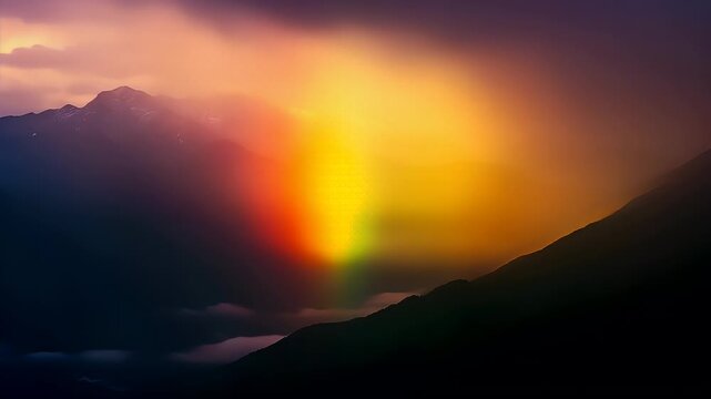 A vivid portrayal of a mountain range bathed in a gradient of colors, transitioning from deep purples and blues at the top to fiery oranges and yellows near the horizon.