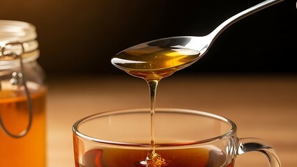 Glowing Golden Honey Dripping from a Spoon into a Warm Beverage