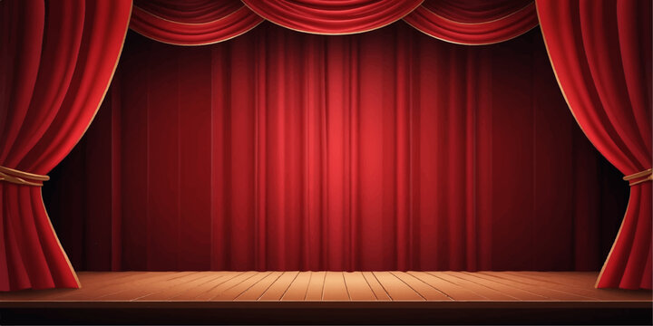 Red stage curtains with a spotlight illuminate a velvet theater backdrop for a movie performance or opera presentation on a wooden floor in a grand cinema hall