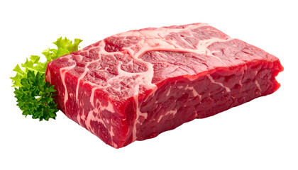 Fototapeta premium Close-up of a raw cut of meat, a beef chuck or similar. Accompanied by fresh green lettuce and parsley